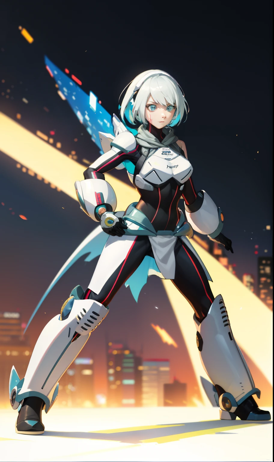 best qualityer,tmasterpiece,Ultimate resolution,downy,Extremely colorful,Colorful,Women combatants,a matural female,Short white hair,Tight combat suit,tightsuit,With a belt,Steel City background,the night,Normal posture