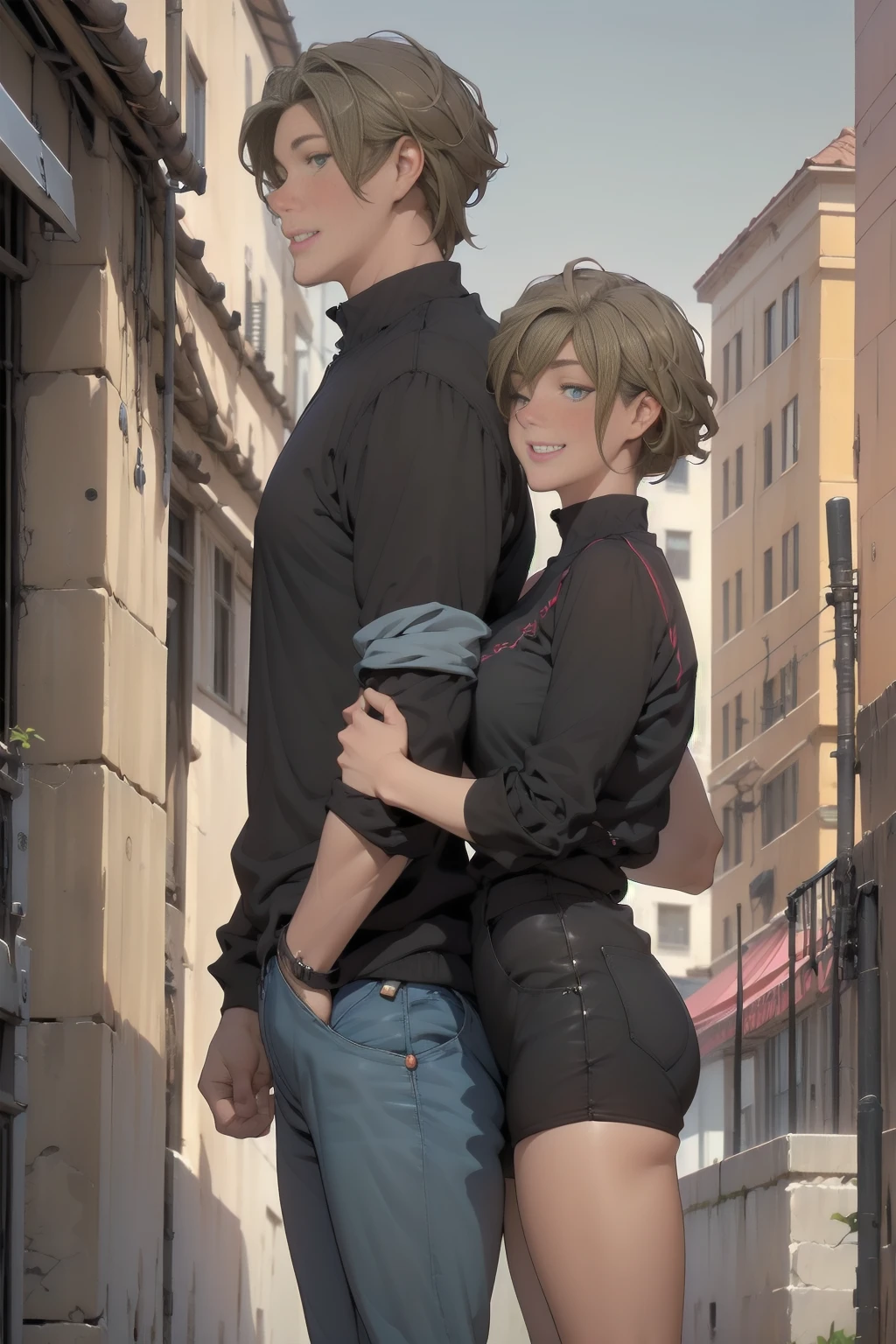  masterpiece , animated, cute, beautiful, romantic, La mejor calidad, 2otros, couple, maduro, adult,  height difference , different fashion, different color, Casual clothing, long sleeves, smile, happy, amar, rotating wind, blue sky, Man with long hair, Man with light brown hair, woman with black hair, woman with black hair