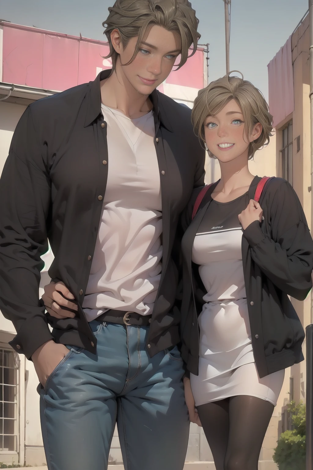  masterpiece , animated, cute, beautiful, romantic, La mejor calidad, 2otros, couple, maduro, adult,  height difference , different fashion, different color, Casual clothing, long sleeves, smile, happy, amar, rotating wind, blue sky, Man with long hair, Man with light brown hair, woman with black hair, woman with black hair