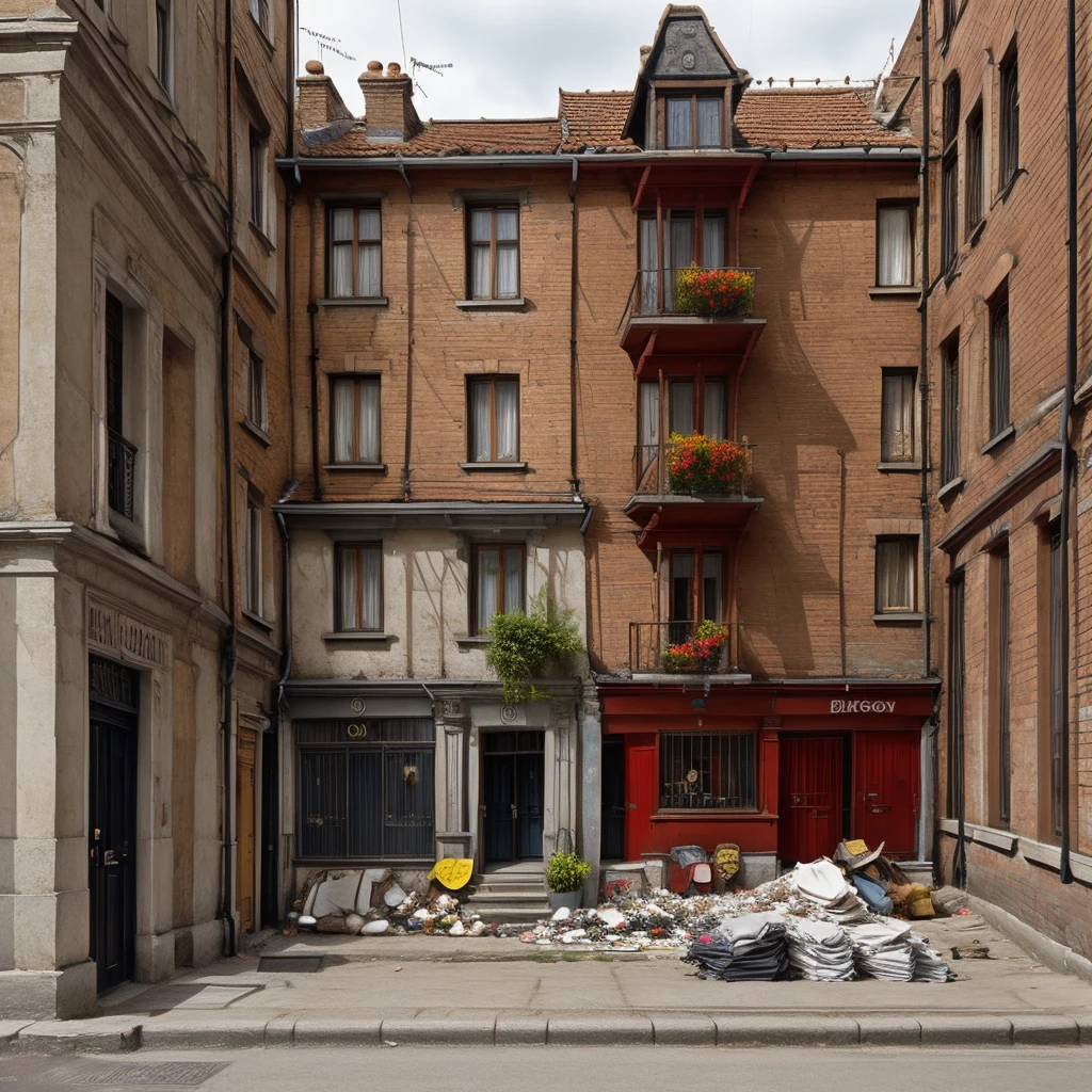  prompteapoor part of the city with tall brick tenement houses some of them have no windows falling plaster,  balconies with drying laundry . Dachy pokryte drewnianym gontem. Stragany,  confusion , trade , crowd of people,  running ren ,  pets , złodziej kryjący się za rogiem.  Streets of London 1800 year . 