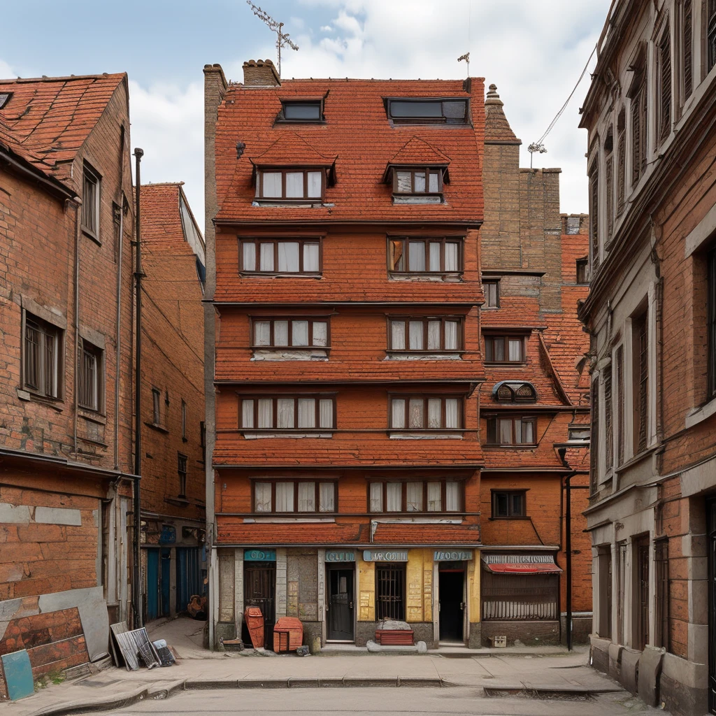  prompteapoor part of the city with tall brick tenement houses some of them have no windows falling plaster,  balconies with drying laundry . Dachy pokryte drewnianym gontem. Stragany,  confusion , trade , crowd of people,  running ren ,  pets , złodziej kryjący się za rogiem.  Streets of London 1800 year . 