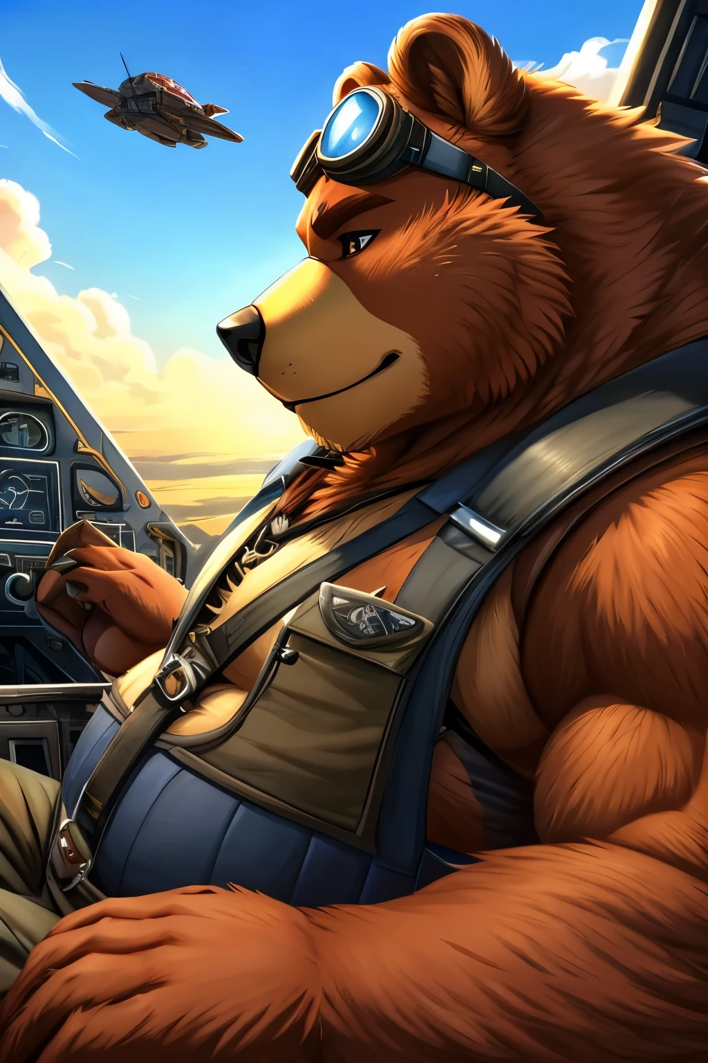 (Being overweight)Pilot a small flying boat、（Crimson Battleship Savoia）、null、  pilots、sit、 side angle、 pilotsの帽子、 wearing clothes 、goggles、Bear Beast Man、flight,  furry art ,  high quality fanart, very very beautiful  furry art ,（photo of）