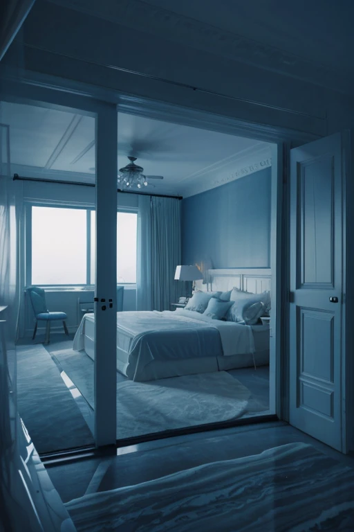 a white dreamy house with flowers, luxury bedroom, retro, foggy, soft focus, year of 1995, cool lighting, muted pastel colors, glowing atmosphere, dramatic shadows, cinematic composition, dream-like quality, ethereal, romantic, soft focus photography, dark blue hour, midnight, windy, marble, hazy