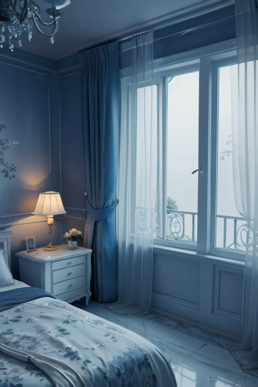 a white dreamy house with flowers, luxury bedroom, retro, foggy, soft focus, year of 1995, cool lighting, muted pastel colors, glowing atmosphere, dramatic shadows, cinematic composition, dream-like quality, ethereal, romantic, soft focus photography, dark blue hour, midnight, windy, marble, hazy