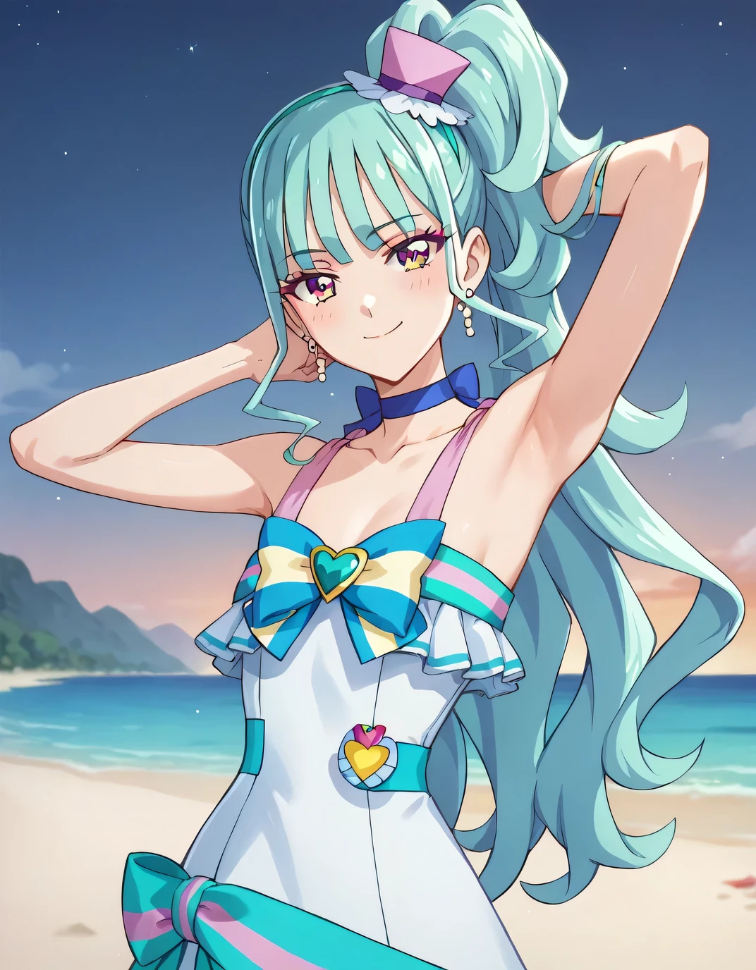 curelillian, shiny skin, long hair, side ponytail, high quality, closed mouth, looking at viewer, smile, showing armpit, solo, {contrapposto}, spread armpit, arms behind head, cowboy shot, closed mouth, night sky, beach, best quality, blushing