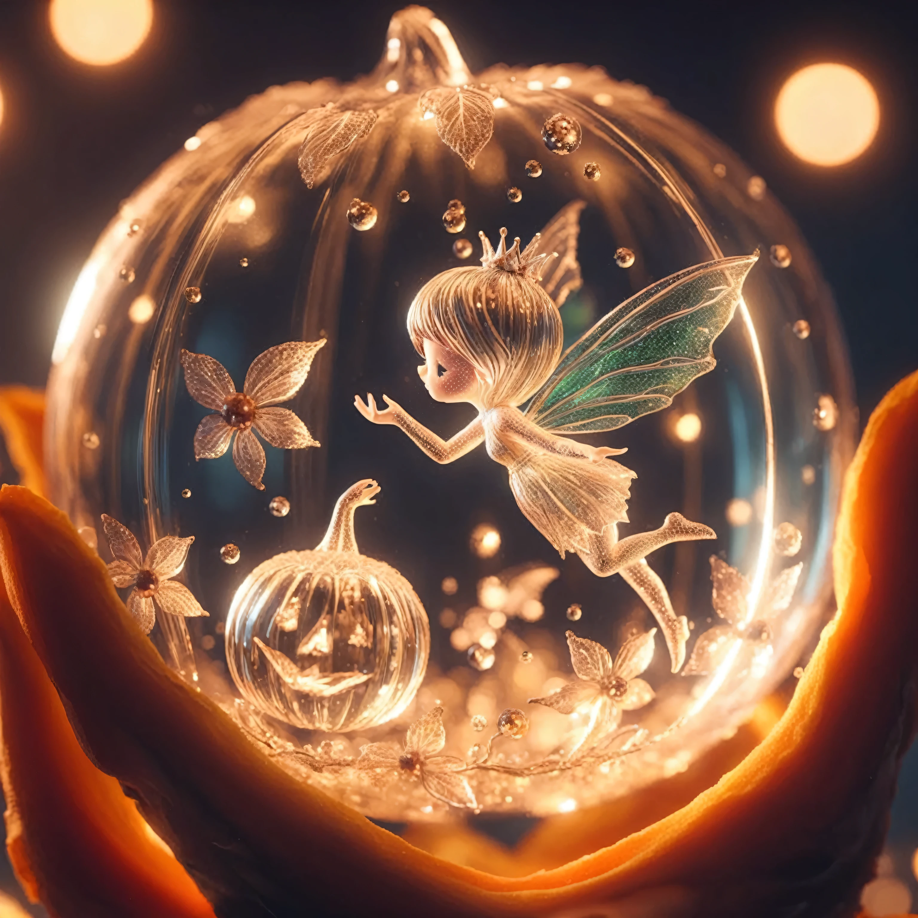 a glass sphere containing a fairy, fairy fruit, octane rendering, 3D magical details, magical fairy background, fairytale witch, beautiful fairytale rendering, magically glowing, exquisite 3D fairy rendering, CGI art, fairytale artwork, fantasy style 8k octane rendering, eerie but captivating, halloween art style