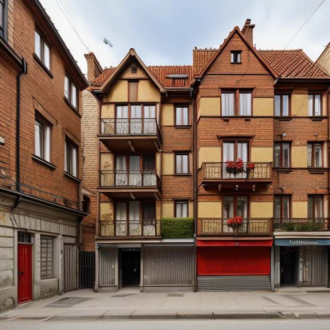  prompteapoor part of the city with tall brick tenement houses some of them have no windows falling plaster,  balconies with drying laundry . Dachy pokryte drewnianym gontem. Stragany,  confusion , trade , crowd of people,  running ren ,  pets , złodziej kryjący się za rogiem. Uliczki Londynu średniowiecze. 