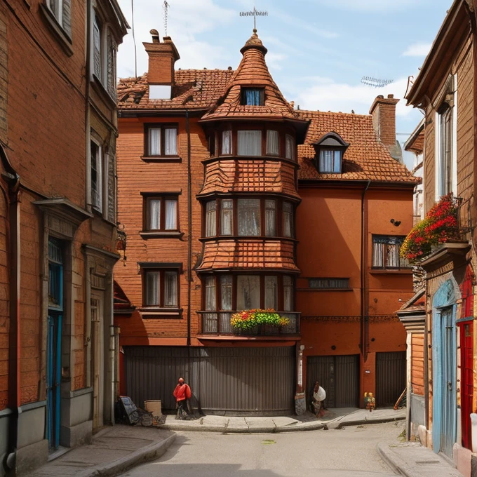  prompteapoor part of the city with tall brick tenement houses some of them have no windows falling plaster,  balconies with drying laundry . Dachy pokryte drewnianym gontem. Stragany,  confusion , trade , crowd of people,  running ren ,  pets , złodziej kryjący się za rogiem. Uliczki Londynu średniowiecze. 