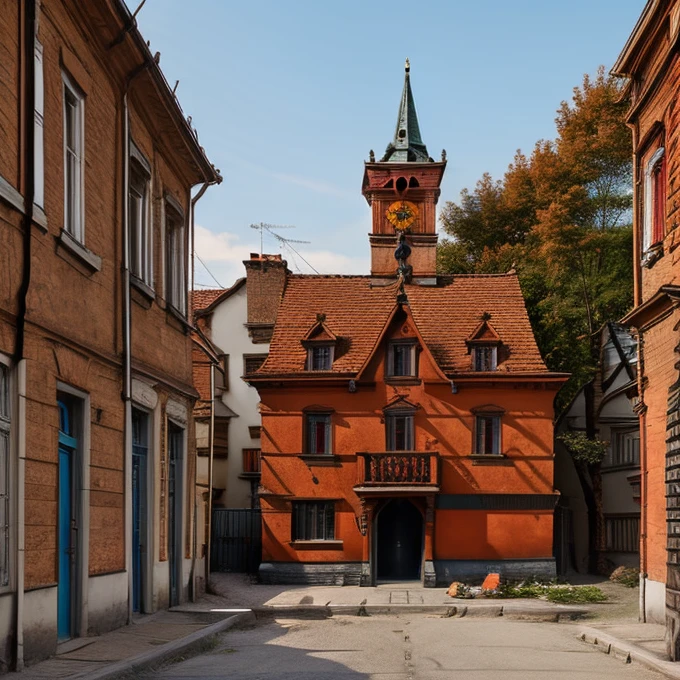  prompteapoor part of the city with tall brick tenement houses some of them have no windows falling plaster,  balconies with drying laundry . Dachy pokryte drewnianym gontem. Stragany,  confusion , trade , crowd of people,  running ren ,  pets , złodziej kryjący się za rogiem. Uliczki Londynu średniowiecze. 