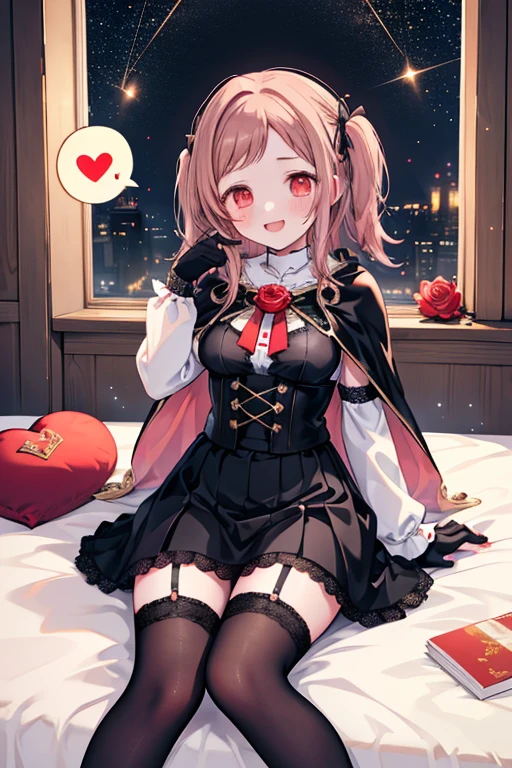 Sakuragi Mano, (fangs : 1.38),　vampire, ((Mega Breasts)),　(Black lace knee socks : 1.5),　 (garter belt),　((Black Fishtail Skirt)),　(((Starry Sky))), Absolute territory,　Red eyes,　smile, 　　(Midnight),　　Princess,　　Fluffy,　(Healing),　　 hair accessories ,　　((Red Cape)),　corset,　(((Gold trim))), (((star print))),　bedroom, (black gloves : 1.5),　 sitting on bed, Frills,　 ((a little white pigeon)), ((feathers)),　brooch, Holding a stuffed bird toy,　Crewneck, (((red juice in a glass))), (((wariza))), medium hair, best quality, masterpiece, blush, red rose, flowerpot, white blouse, ((spoken heart)), ((Pink heart effects)), ((red rose accessory)), pigeon's blood ruby accessory, , dark, (((light brown hair))), 　outside curling hairstyle, side fringe, (forehead : 1.28), stand collar, dragon wing, left-right symmetry fashion,