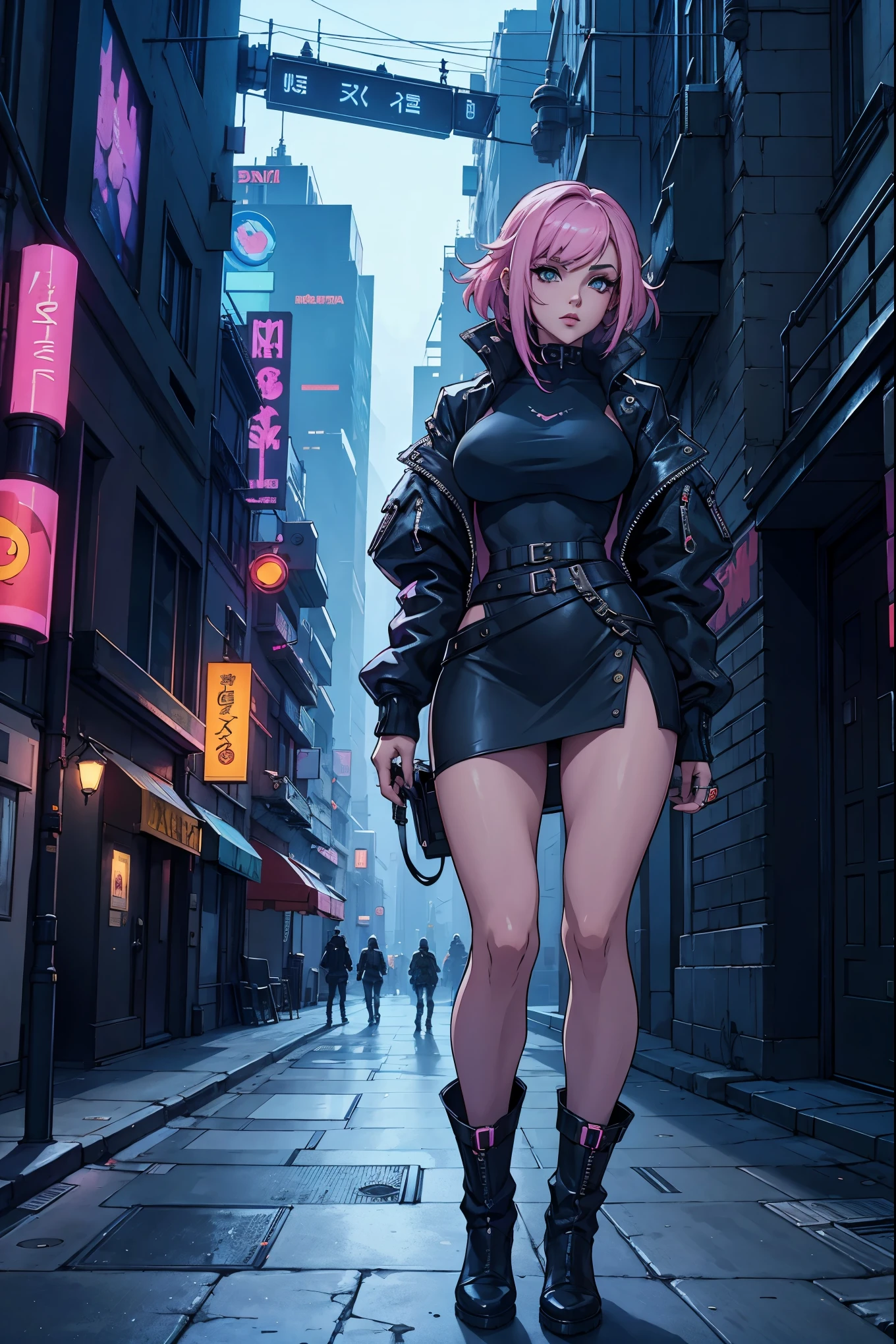  there is a woman in a short skirt and boots standing on the street, cyberpunk style clothing, in a cybercity, in the cyberpunk city,   Gothic city streets behind her  , anime-style mixed with fujifilm, ava max, with a city in the background, in front of a sci-fi cityscape, seraphine ahri kda, 3d anime style,  wearing cyberpunk street clothes  