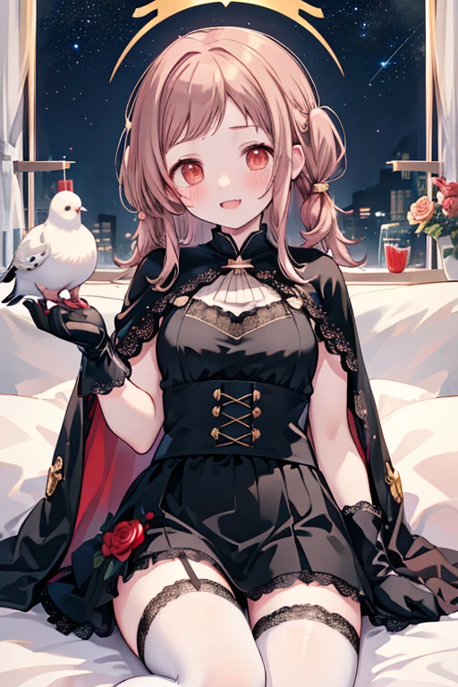 Sakuragi Mano, (fangs : 1.38),　vampire, ((Mega Breasts)),　(Black lace knee socks : 1.5),　 (garter belt),　((Black Fishtail Skirt)),　(((Starry Sky))), Absolute territory,　Red eyes,　smile, 　　(Midnight),　　Princess,　　Fluffy,　(Healing),　　 hair accessories ,　　((Red Cape)),　corset,　(((Gold trim))), (((gold star print))), (red star print),　bedroom, (black gloves : 1.5),　 sitting on bed, Frills,　 ((a little white pigeon)), ((feathers)),　brooch, Holding a stuffed bird toy,　Crewneck, (((red juice in a glass))), (((wariza))), medium hair, best quality, masterpiece, blush, red rose, flowerpot, white blouse, ((spoken heart)), ((Pink heart effects)), ((red rose accessory)), pigeon's blood ruby accessory, , dark, (((light brown hair))), 　outside curling hairstyle, side fringe, (forehead : 1.28), stand collar, dragon wing, left-right symmetry fashion,