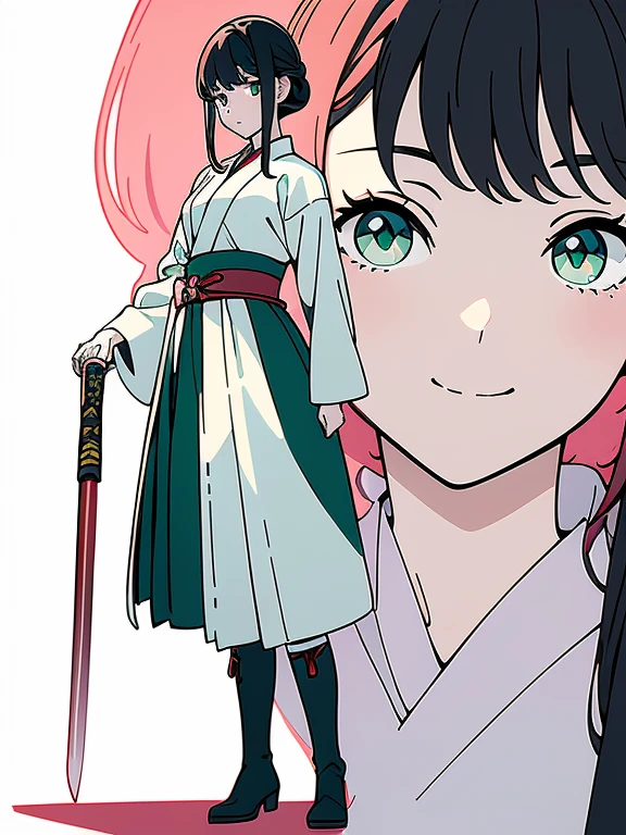 ((((masterpiece, Best Quality, Ultra-high resolution、Best illustrations))))、((Portrait of a person standing against a white background))、anime、A highly concentrated individual、(Very delicate and cute face)、(Sparkling Eyes)、A beautiful 18-year-old shrine maiden girl stands alone、smile、Red cheeks、Medium length black hair、Clean green eyes、Long red hakama、Knee-high boots、He is wearing a wooden sword at his waist.、Standing with eyes looking straight ahead.、A point of view from the same height as the head、((Perfect hands))、