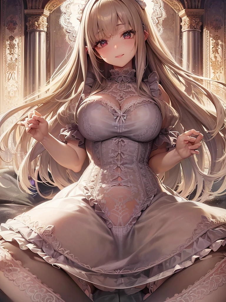 {{masterpiece}},best quality,Highly detailed CG Unity 8K wallpaper,One woman,movie lighting,lens flare glow,
perfect style, perfect body, off shoulder dress, Floral lace, It has a lot of ribbons, emphasize the chest, shiny thighs, costume with lace, The luxurious interior of a high-class brothel, white rose flower, Lace white stockings,