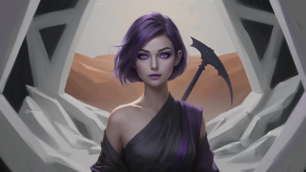 monk woman with purple hair and a purple eyes holding a kama, epic fantasy digital art style, Gorgeous Fantasy art of slim D&D monk with kama standing in elven crypt, (violet eyes), painted Fantasy Dungeons and dragons art, 1female. Grey rippet outfit. (Purple eyes:1.4), Underground D&D style, far away, wields kama, (European solo woman battle monk in minimalistic sexy grey opened clothes), purple eyes, short dark purple hair, short haired, amazing picture, artistic, painting, f(best quality, 4k, 8k, highres, masterpiece:1.2), fan art, artistic picture, amazing art style, (high angle), ultra-detailed, d & d character portrait, rpg character art, fantasy character art, epic digital art illustration, fantasy character portrait, dnd character art portrait