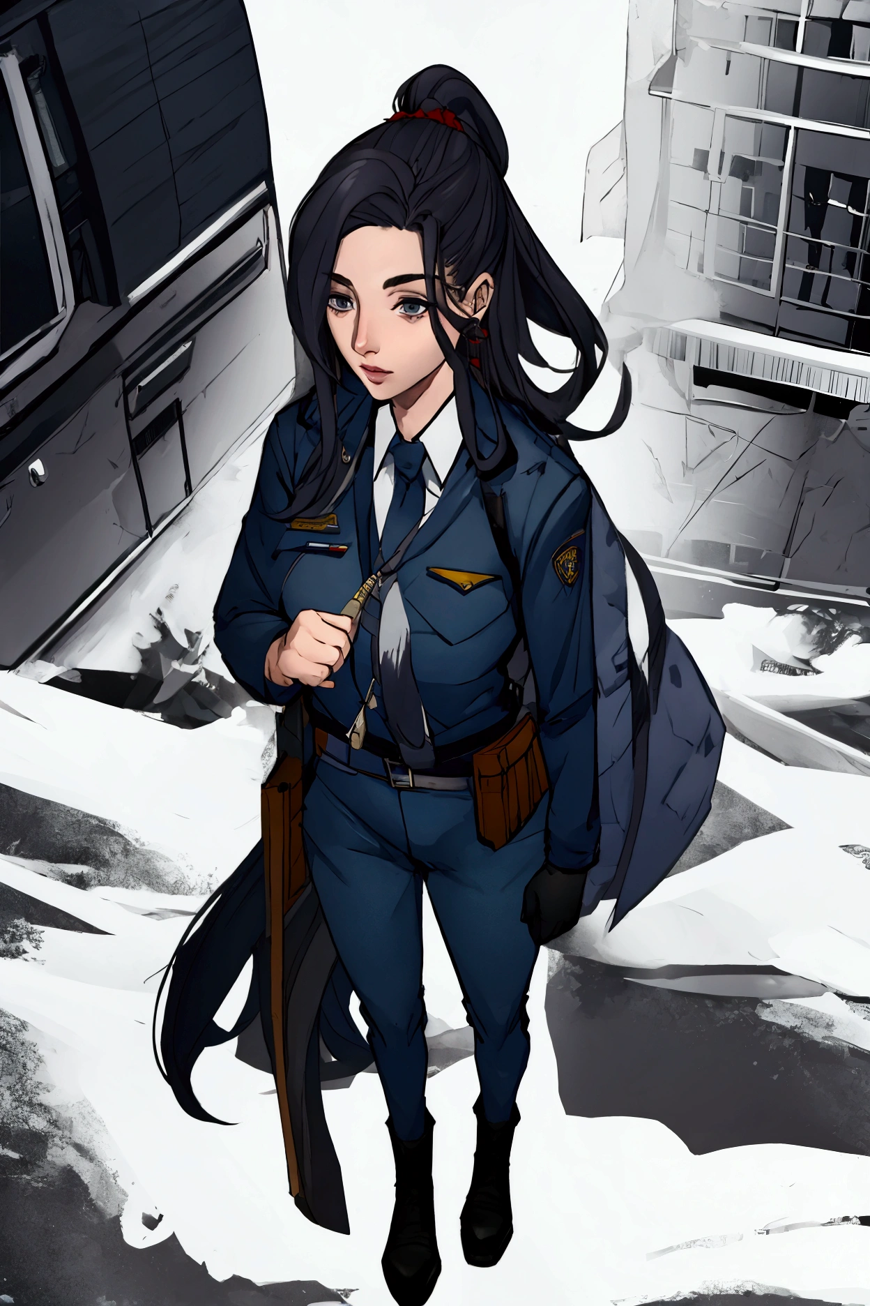 caitlyn, woman, long hair tied , police uniform, Whole body 