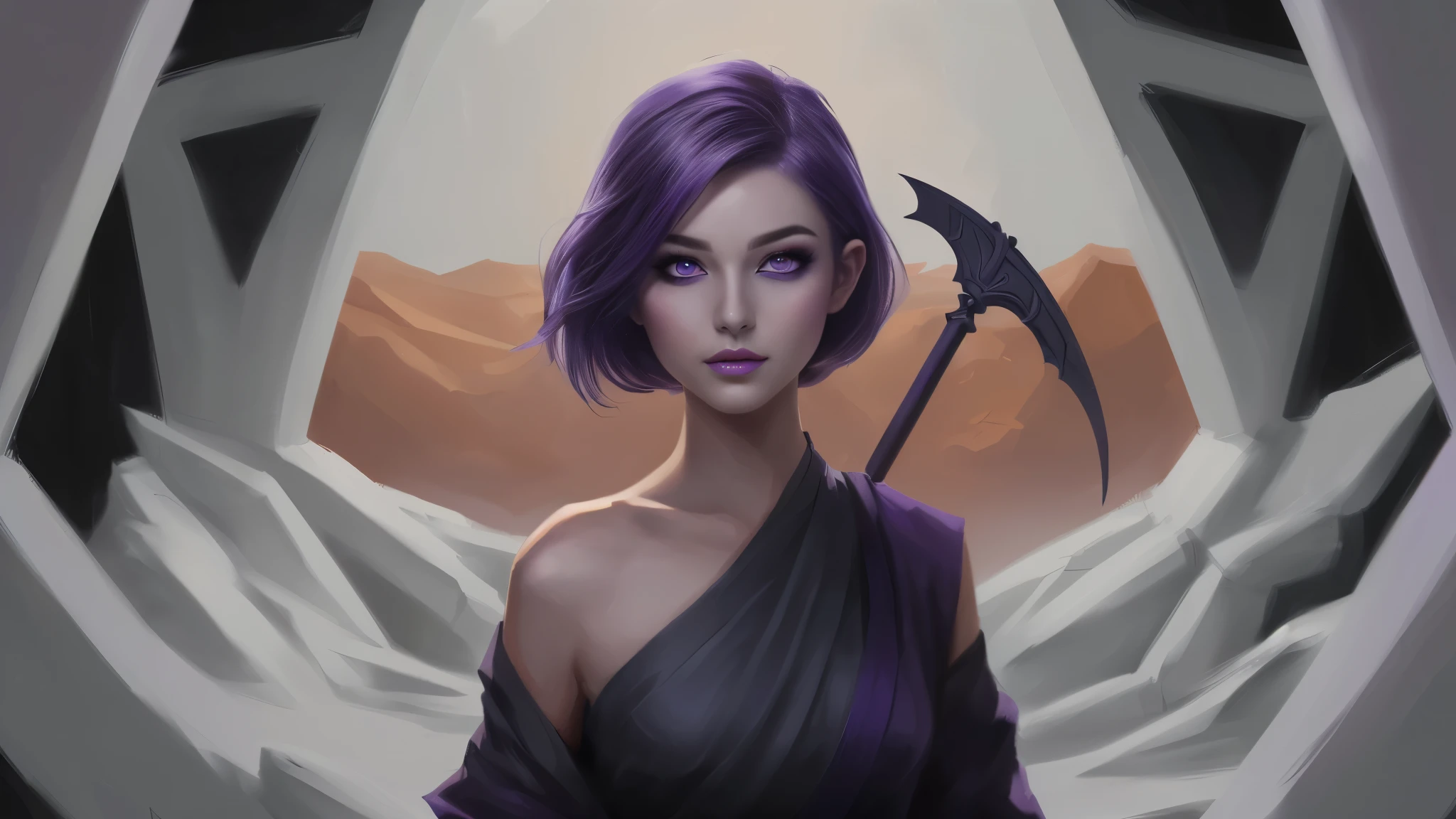 monk woman with purple hair and a purple eyes holding a kama, epic fantasy digital art style, Gorgeous Fantasy art of slim D&D monk with kama standing in elven crypt, (violet eyes), painted Fantasy Dungeons and dragons art, 1female. Grey rippet outfit. (Purple eyes:1.4), Underground D&D style, far away, wields kama, (European solo woman battle monk in minimalistic sexy grey opened clothes), purple eyes, short dark purple hair, short haired, amazing picture, artistic, painting, f(best quality, 4k, 8k, highres, masterpiece:1.2), fan art, artistic picture, amazing art style, (high angle), ultra-detailed, d & d character portrait, rpg character art, fantasy character art, epic digital art illustration, fantasy character portrait, dnd character art portrait