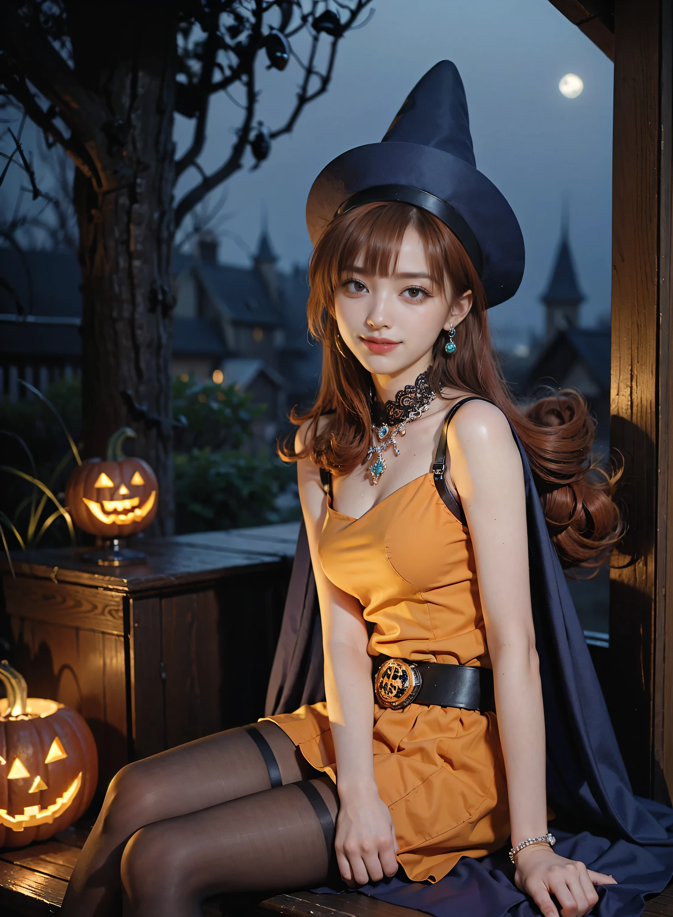 (real eyes: 1.4),(face details beautiful ) 、masterpiece, best quality:1.2), cowboy shot, Alone, 1girl, Alena \(DQ4\),  looking at viewer, hat, dress, cape,( pantyhose), gloves, belt, jewelry, earrings、(( orangehair、 Orange Eyes ))、
( woman:1.3),  beautiful legs with tails、(smile:1.4), maximum details,( da
Enamic pose )
( full shot ,Sit-in:1.3),( top model huh
Shon :1.3)( miniskirt in length:1.3).(Thighs:1.1).Look at the camera
Is ,( Dynamic Poe
Z :1.1),
( halloween party :1.3), of Magical Halloween
night , moonlit old gothic castle、 Yu
Spiritual fog drifted through the air 、 Delicate lace and jewels scattered
That's crazy( Pumpkin Lantern :1.3) casts a soft glow
壊す