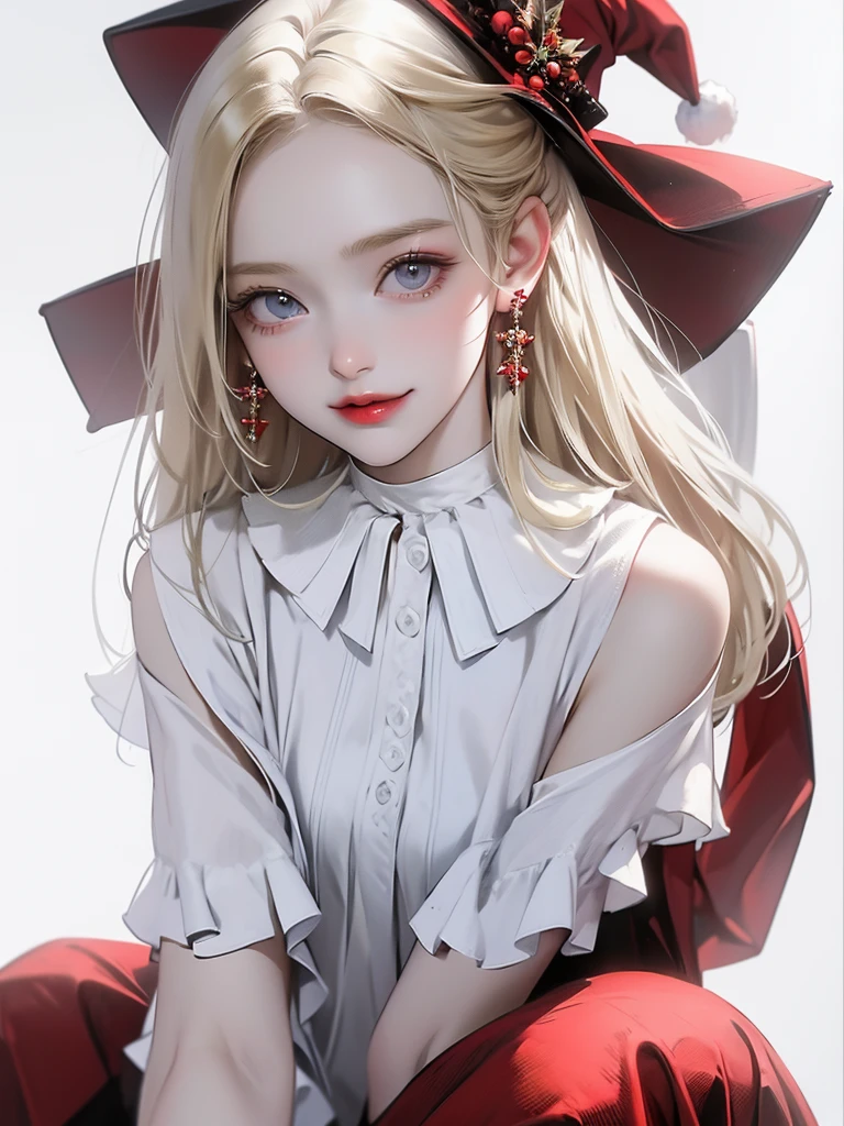 frontshot、detailed, high quality, happy, smiling, sitting on the floor, looking at viewer, side tail, center part, Blonde, blue eyes, pale skin, baby face, At Christmas, white background, kawaii、Red blouse、red ruffle dress、Red Hat、 bust up、