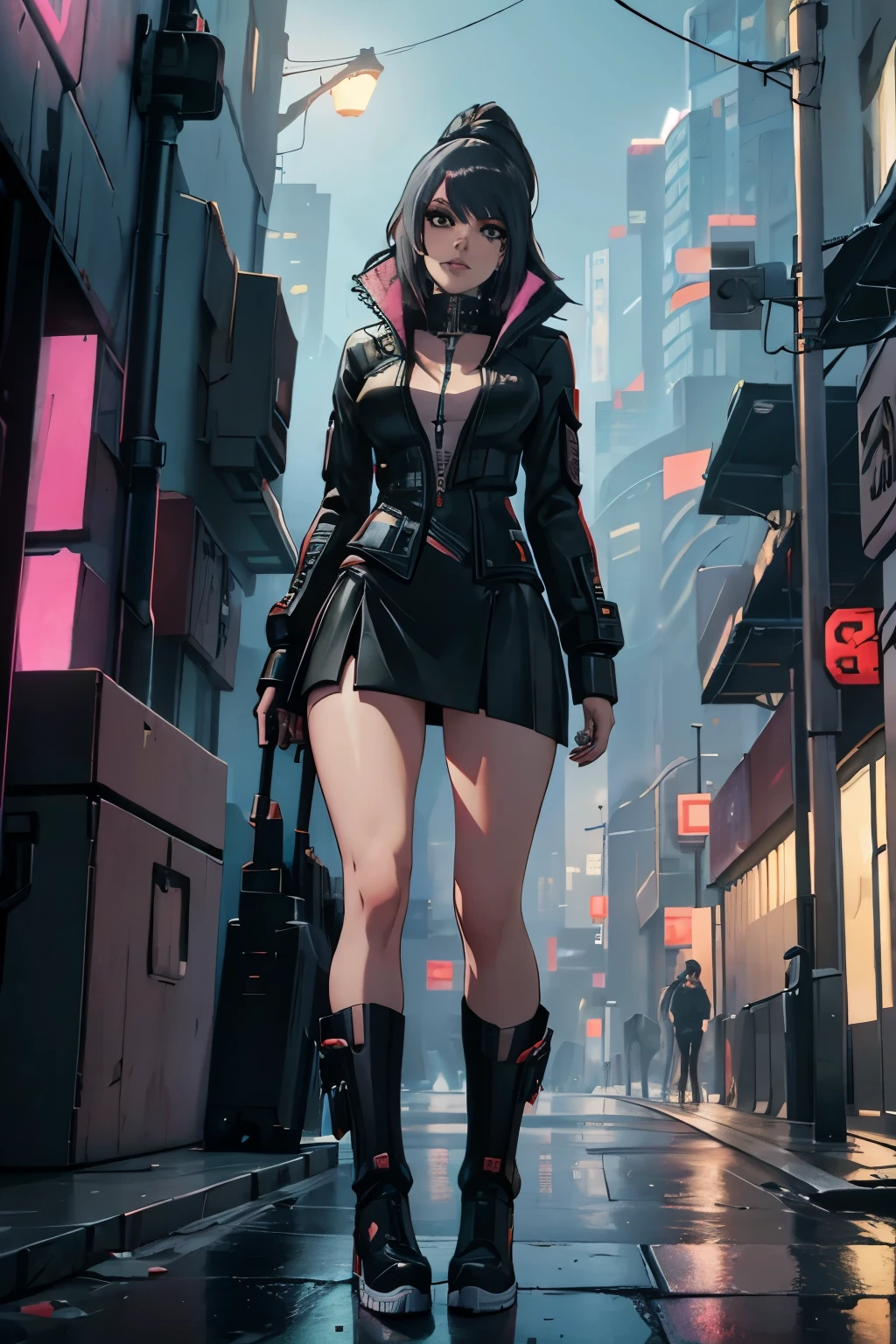  there is a woman in a short skirt and boots standing on the street, cyberpunk style clothing, in a cybercity, in the cyberpunk city,   Gothic city streets behind her  , anime-style mixed with fujifilm, ava max, with a city in the background, in front of a sci-fi cityscape, seraphine ahri kda, 3d anime style,  wearing cyberpunk street clothes  