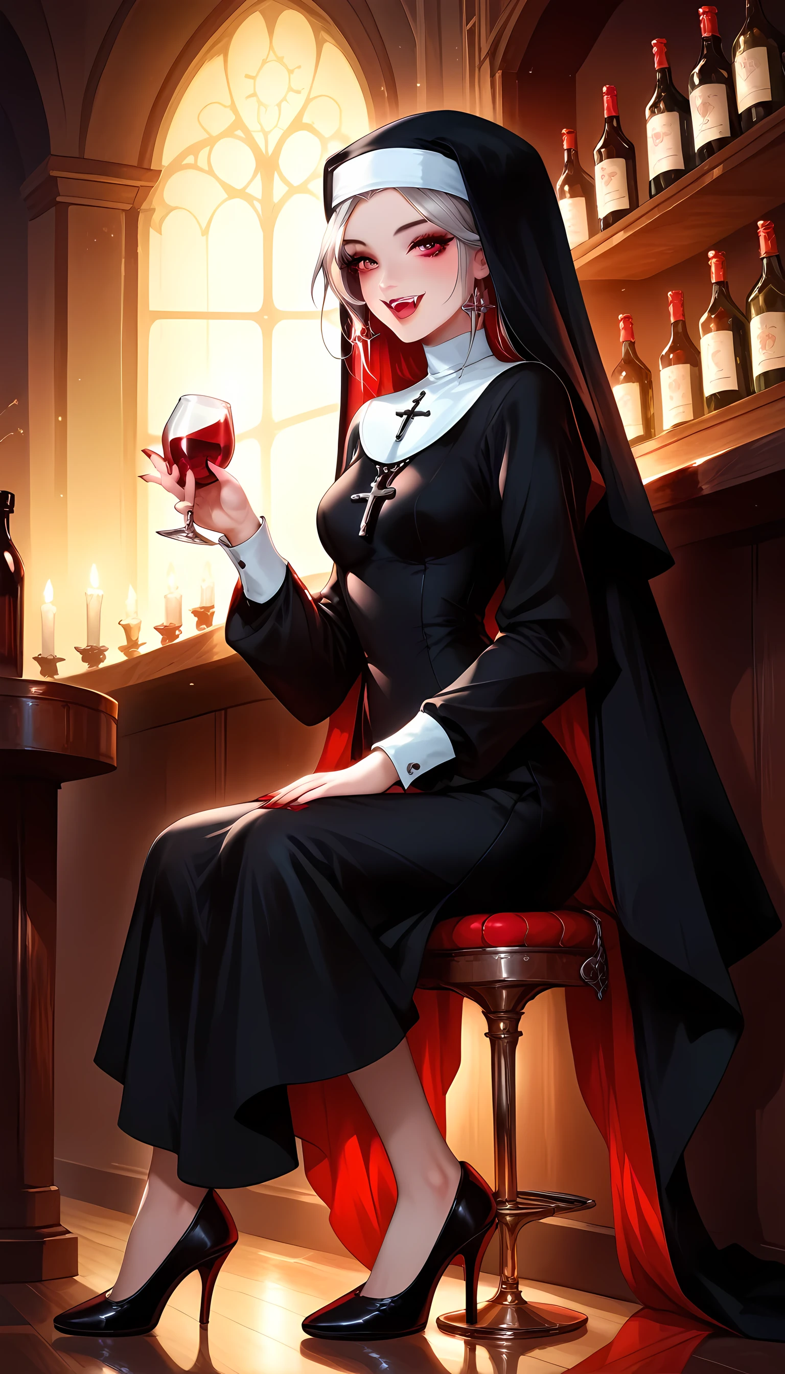 score_9, score_8_up, score_7, a picture of a beautiful Catholic nun sitting in a goth bar , sipping a dark red cocktail, wearing a white catholic nun habit, full body, slightly hiding the edge of white silk stocking, (vampiric fang: 1.3), wearing high heels, smirking, glasses, silver cross choker, make up, blond hair, long hair, eye reflection, intense azure eyes, light makeup, shy, blush, goth bar background, wine bottles, lit with candles, photorealistic, Realism, depth of field, cinematic lighting, dim light, full body, silhouette, from side, Ultra-Wide Angle, retina, UHD, best quality, 16k, highres, high details, vampire teeth