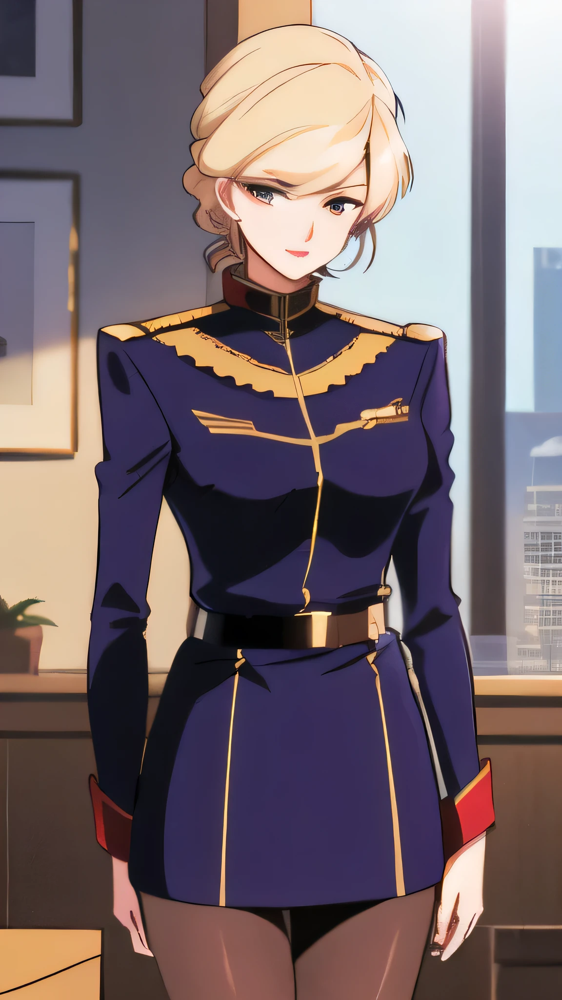 ( knight :1.7), Japan, Tokyo, Cityscape color, In front of the window,
military_uniform,pantyhose, a uniform with gold trims and a collar,shirt,belt,
Gold hair,green eyes ,lipstick, Front hair,hair_       good,
       1 girl, 20 years,Young woman,beautiful Finger,beautiful long legs,Beautiful body,beautiful Nose,beautiful character design, Perfect Eyes, perfect face,       expressive eyes,
 Viewers,
Official Art,       very detailed  CG unity 8k wallpaper,完璧なillumination,colorful, bright_Front_face_illumination,
(masterpiece:1.0),(Highest_quality:1.0), Ultra Kampala          ,4K,       very detailed ,
  Clear piquini pictures  , 8k,  Kampala         ,  Kampala         ,        22 people are ridiculous :1.2,        Kodak portrait 400,        film grain,  Blurred Background , bokeh:1.2,        lens flare       , (Vibrant_color:1.2)
, (beautiful_face:1.5),(narrow_Waist),