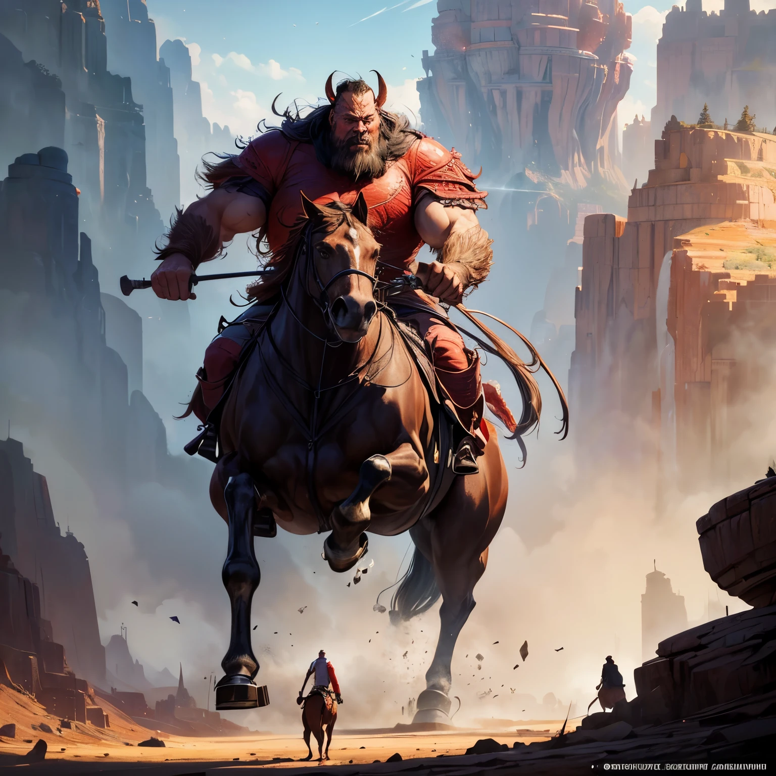 there is a man riding a horse with a giant head, red ogre riding a horse, by Artur Tarnowski, by Darek Zabrocki, sergey kolesov concept art, hyper realistic fantasy monster, beeple and jean giraud, epic fantasy sci fi illustration, realistic fantasy illustration, by maxim verehin
