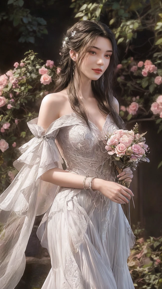 a woman in a white wedding dress, adorned with a silver bracelet, is adorned with flowers in her hair, adding a touch of concentration to her face. Her long, dark brown hair cascades over her shoulders. She stands in a garden, her hands resting on her face, adding depth to her composition. The background is blurred, suggesting a natural setting. To the left of the woman, a bouquet of pink roses, adds a pop of color to the scene.