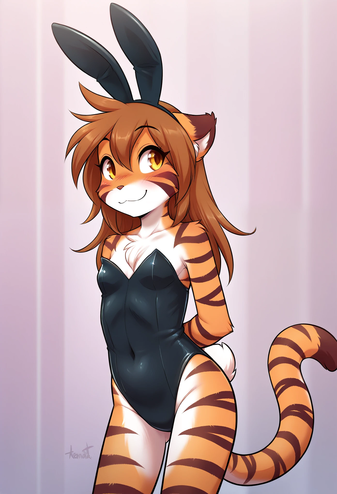 score_9, score_8_up, score_7_up, source_furry, rating_ safe, solo, a female anthro fluffy, female, furry, anthro, tkflora, tiger, striped fur, keidran, yellow eyes, solo, small breasts, anthro, (blush, looking away, hands behind back:1.15), light smile, playboy bunny suit, detailed background, front view, 