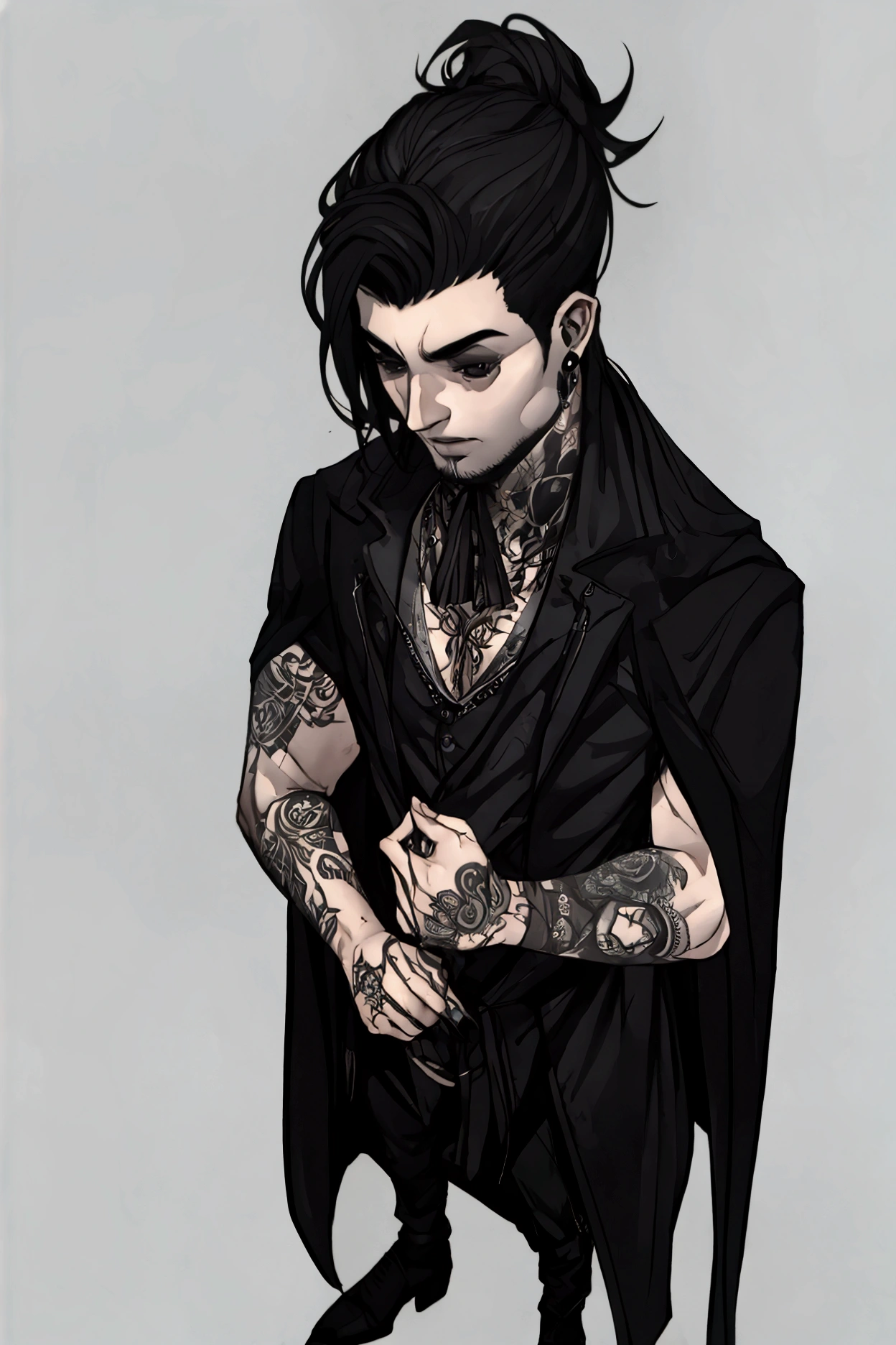 adult man, gothic clothes, tatoo, black hair, pale, shaved