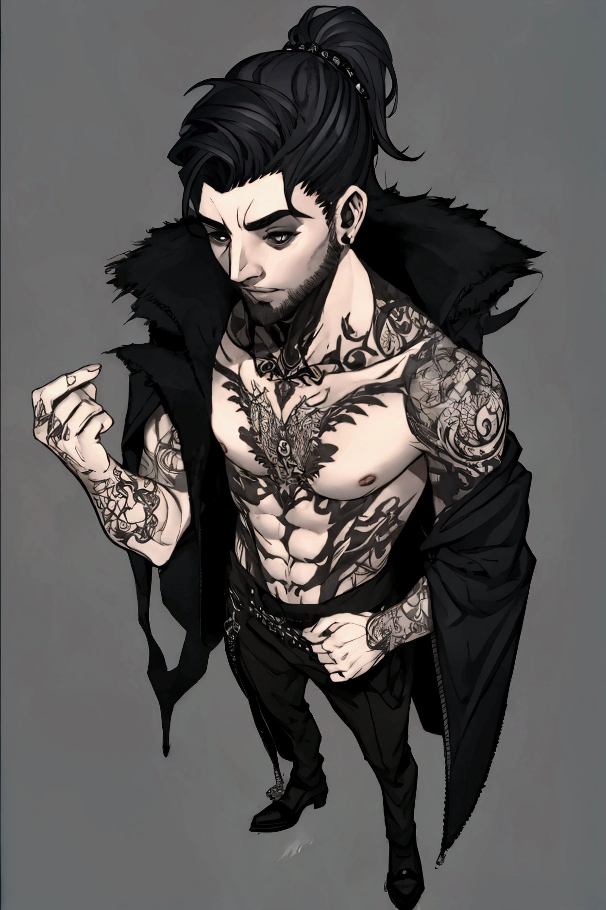 adult man, gothic clothes, tatoo, black hair, pale, shaved 