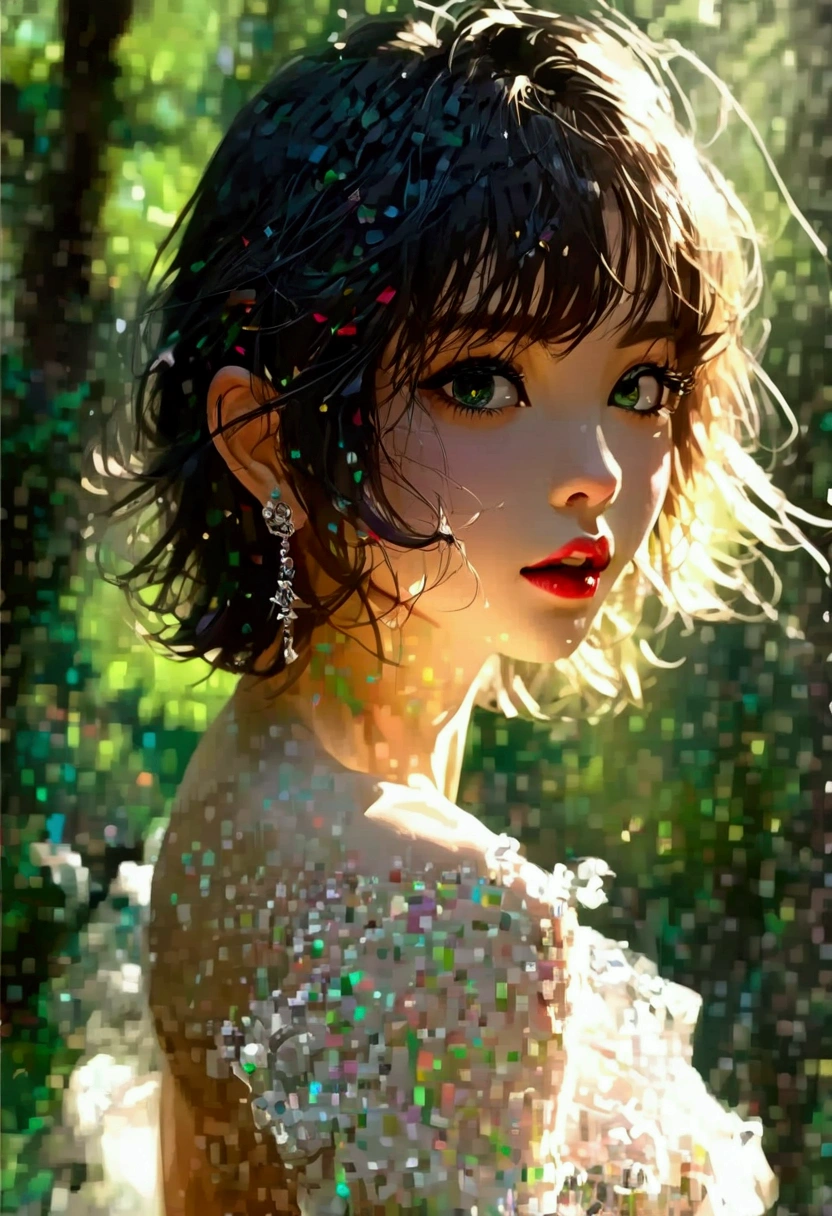 Photorealistic，Ultra high definition，Highest quality，Best Quality，8k，RAW Photos，Super detailed，Ultra-high resolution，(Amazingly cute Japanese real girl)，whole body，1 person，Facing forward，Early morning in the forest，Bright sunlight pours in，Backlight，White simple micro mini dress，See-throughフレアマイクロミニドレス，The transparency of a thin dress，See-through，Perfect Style，Perfect proportions，Perfect body，The cutest face in the world，(Small face)，Long eyelashes，double eyelid，High nose，Detailed eyes，Very Short Hair，Bowl Cut Hair，Earrings，(((Extra large chest:2.0)))，Cleavage，Small waist，Long legs，Beautiful legs，Realistic skin，Watching the audience，(Upward-facing buttocks)，View here，Functional，arms up