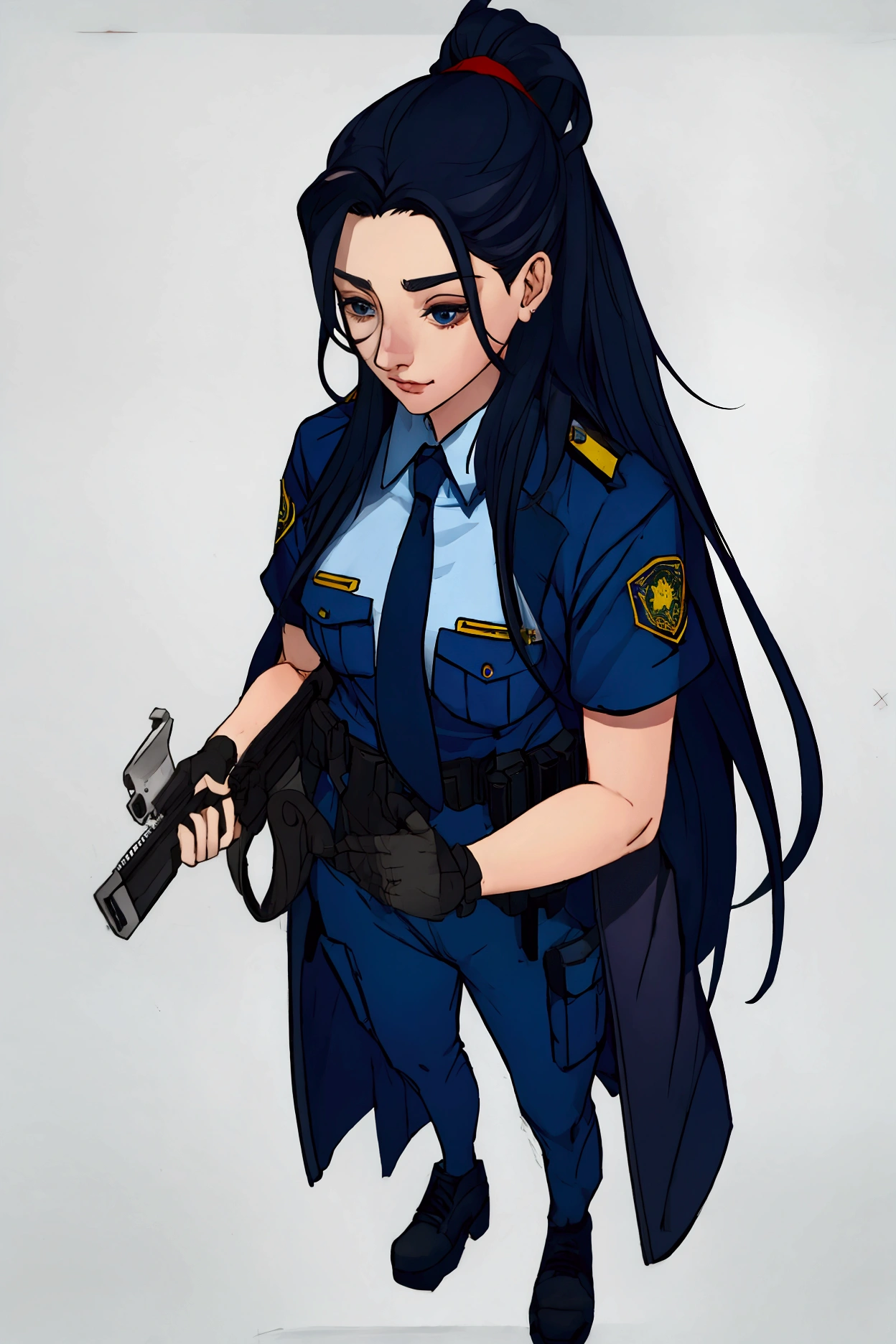 caitlyn, woman, long hair tied , police uniform, Whole body