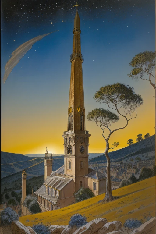 illustration by Jean-Pierre Gibrat; Oil-on-canvas painting of a blue night sky with roiling energy. A fuzzy and bright yellow crescent moon shining at the top. Below the exploding yellow stars and radiating swirls of blue, a distant village sits quietly on the right. Connecting earth and sky is a flame-like cypress tree with curling and swaying branches on the left. A church spire rises as a beacon over rolling blue hills. illustration by Jean-Pierre Gibrat