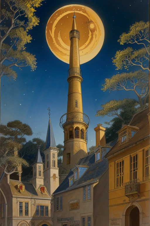 illustration by Jean-Pierre Gibrat; Oil-on-canvas painting of a blue night sky with roiling energy. A fuzzy and bright yellow crescent moon shining at the top. Below the exploding yellow stars and radiating swirls of blue, a distant village sits quietly on the right. Connecting earth and sky is a flame-like cypress tree with curling and swaying branches on the left. A church spire rises as a beacon over rolling blue hills. illustration by Jean-Pierre Gibrat