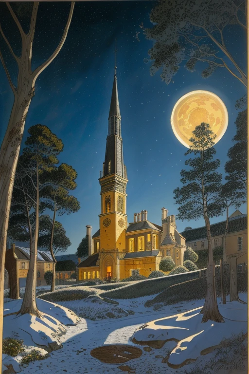 illustration by Jean-Pierre Gibrat; Oil-on-canvas painting of a blue night sky with roiling energy. A fuzzy and bright yellow crescent moon shining at the top. Below the exploding yellow stars and radiating swirls of blue, a distant village sits quietly on the right. Connecting earth and sky is a flame-like cypress tree with curling and swaying branches on the left. A church spire rises as a beacon over rolling blue hills. illustration by Jean-Pierre Gibrat