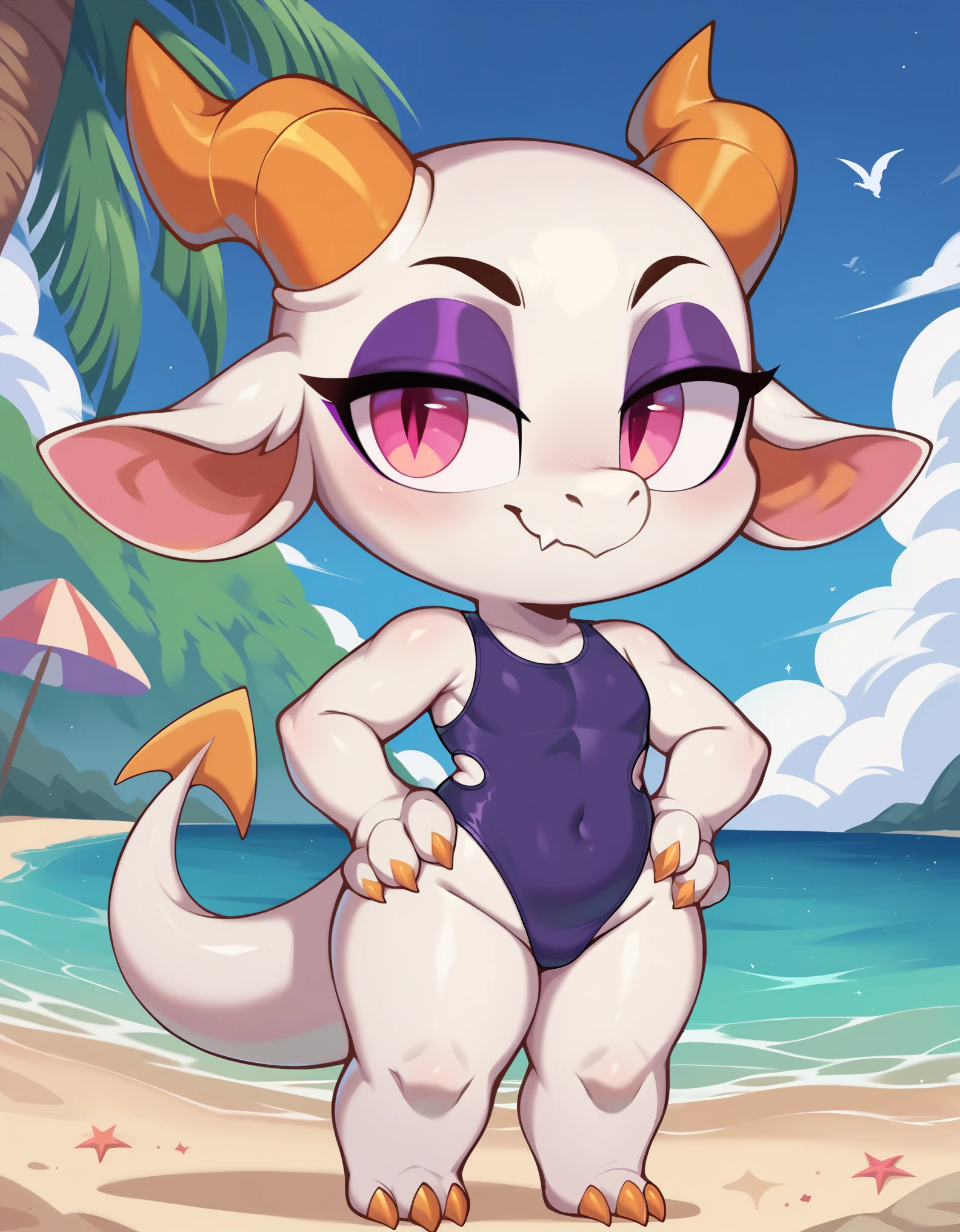 score_9, score_8_up, score_7_up, fwench fwy, dragon, pale body, light orange horns, light orange claws, tail, pink eyes, half closed eyes, purple eyeliner, short stack, small snout, anthro, solo, seductive, hands on hips, purple swimsuit, beach background,