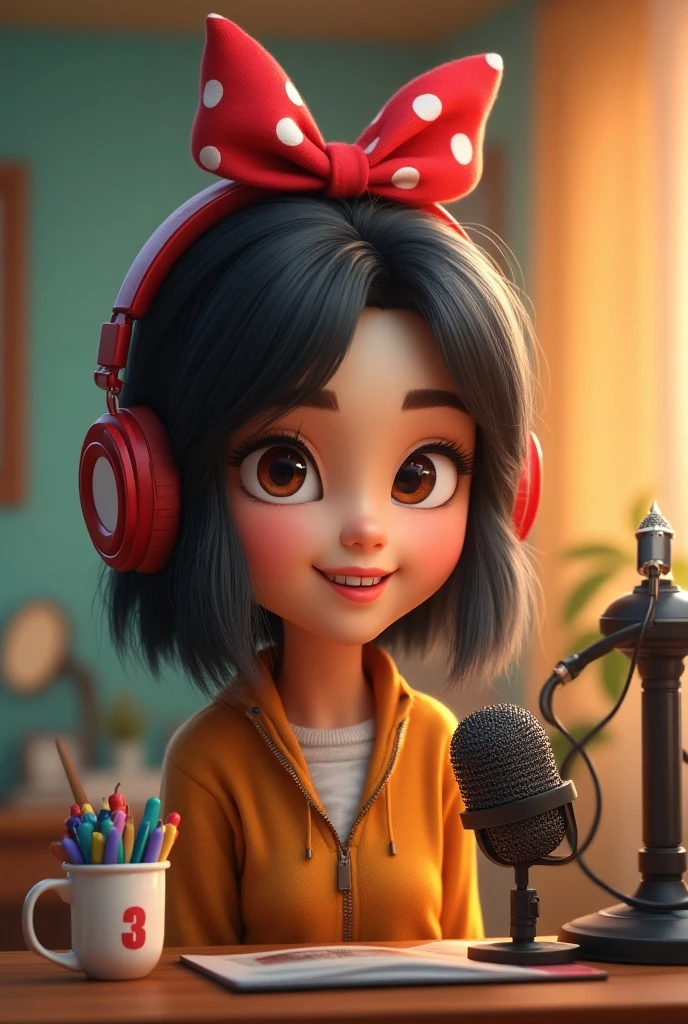 A white fat Chinese woman with a red cheek, shoulder-length curly and black hair, round and slanted black eyes, colorful stylish designer clothes, white headphone and she is drawing in her atelier