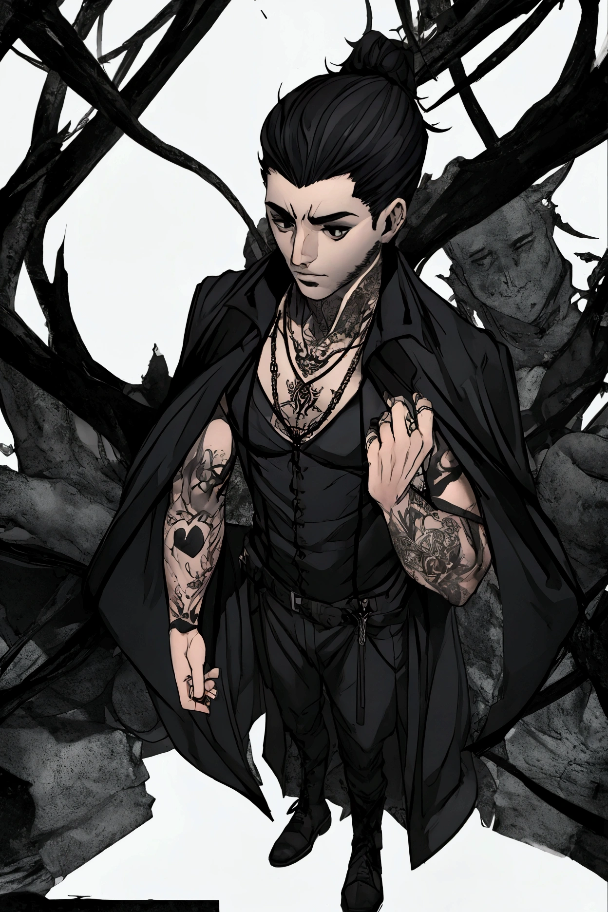 adult man, gothic clothes, tatoo, black hair, pale, shaved 