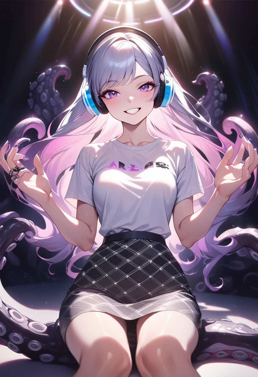 masterpiece, 最 high quality,  high quality,  1 girl, ( Splatoon Ink Ring,  Transparent Tentacles ,   translucent white shirt  ,  Subsurface Scattering ),  gradation hair,  headphones,   great composition , Amazing lighting, High saturation, Vibrant,  Argyle Pattern ,   Realistic Lighting,  high resolution, Modern Patterned Skirt , fashionable,  fashion model naked, smile, teeth