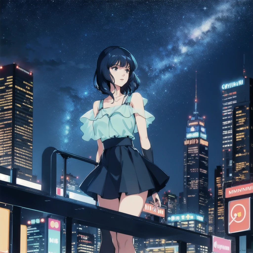 LynnMinmay,1girl,solo,black hair,
short dresses,idol,
upper body,
city,building,neon,city lights,night,starry_sky,