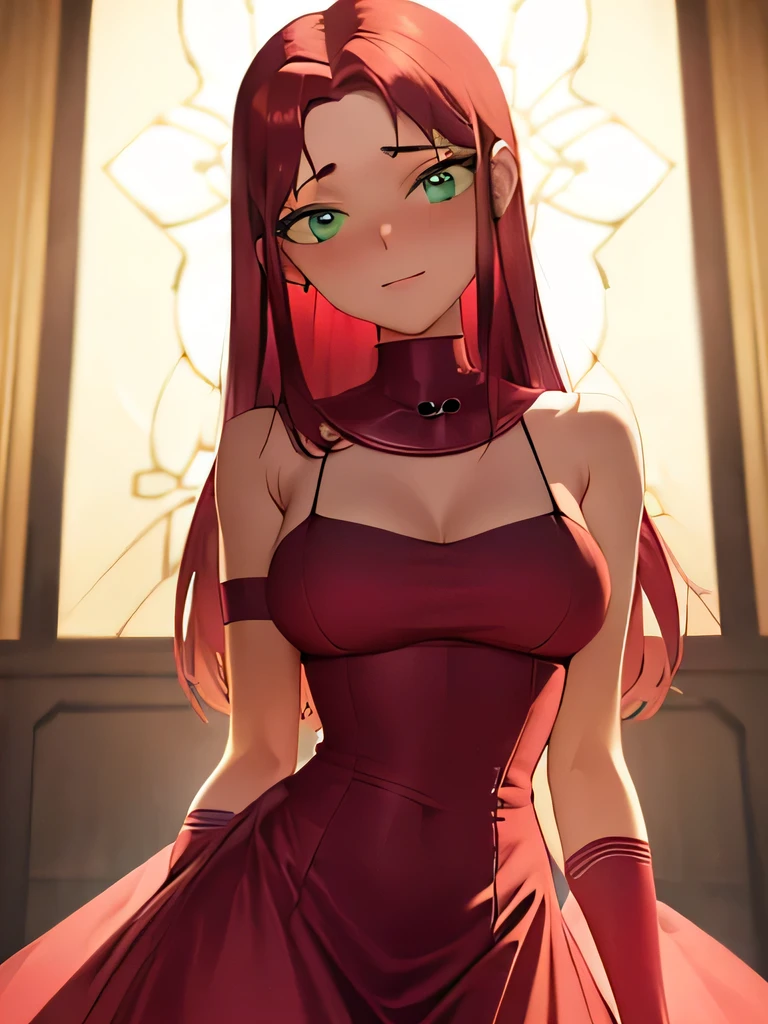 masterpiece, best quality, 1girl, stare, red hair, long hair, green eyes, orange skin, large black ball gown, high heels, gloves that go past elbows, clevage, blushing intensively, looking seductively at viewer, shoulderless dress, full body shot, in a fancy room