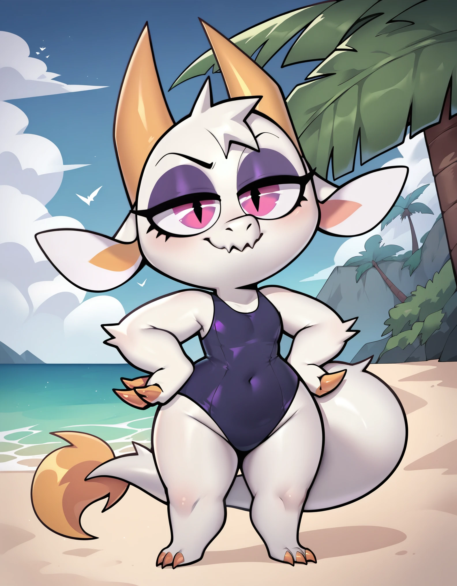 score_9, score_8_up, score_7_up, fwench fwy, dragon, pale body, light orange horns, light orange claws, tail, pink eyes, half closed eyes, purple eyeliner, short stack, small snout, anthro, solo, seductive, hands on hips, purple swimsuit, beach background,