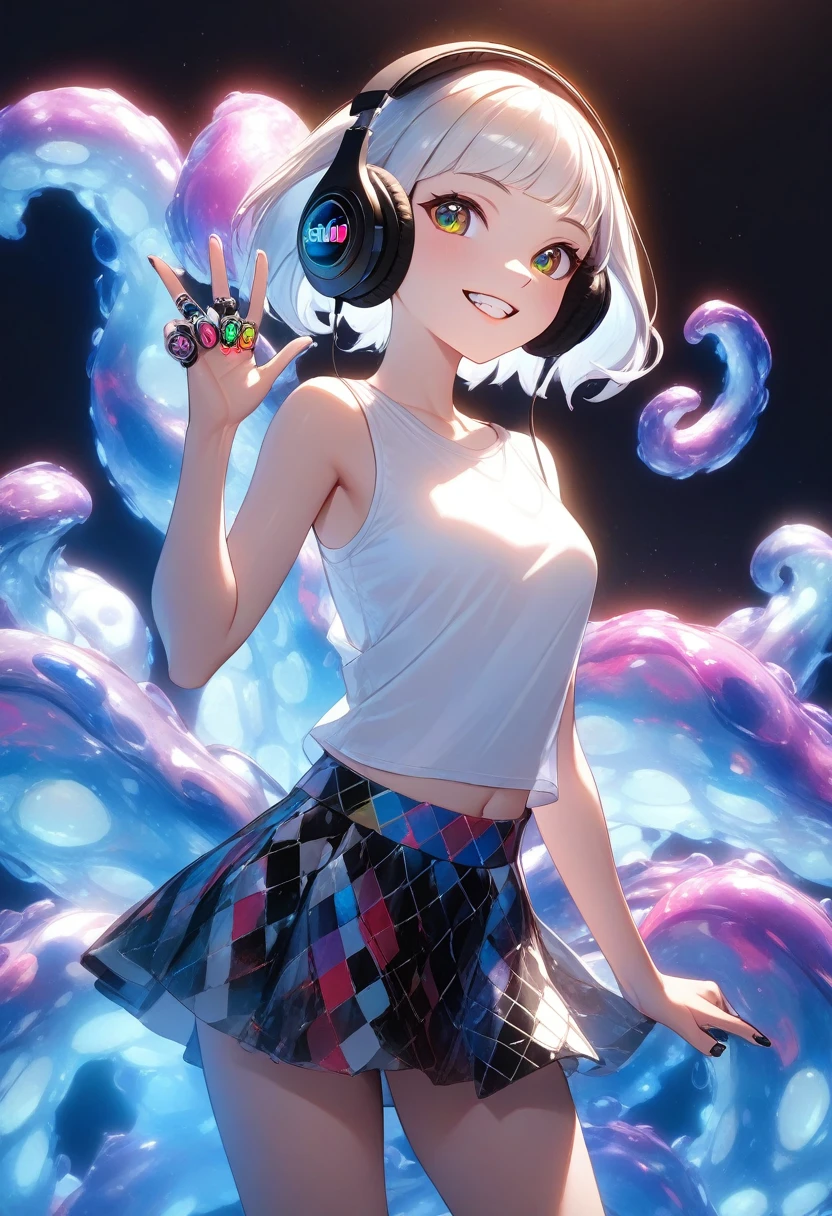 masterpiece, 最 high quality,  high quality,  1 girl, ( Splatoon Ink Ring,  Transparent Tentacles ,   translucent white shirt  ,  Subsurface Scattering ),  gradation hair,  headphones,   great composition , Amazing lighting, High saturation, Vibrant,  Argyle Pattern ,   Realistic Lighting,  high resolution, Modern Patterned Skirt , fashionable,  fashion model naked, smile, teeth