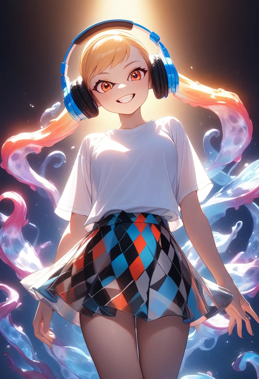 masterpiece, 最 high quality,  high quality,  1 girl, ( Splatoon Ink Ring,  Transparent Tentacles ,   translucent white shirt  ,  Subsurface Scattering ),  gradation hair,  headphones,   great composition , Amazing lighting, High saturation, Vibrant,  Argyle Pattern ,   Realistic Lighting,  high resolution, Modern Patterned Skirt , fashionable,  fashion model naked, smile, teeth