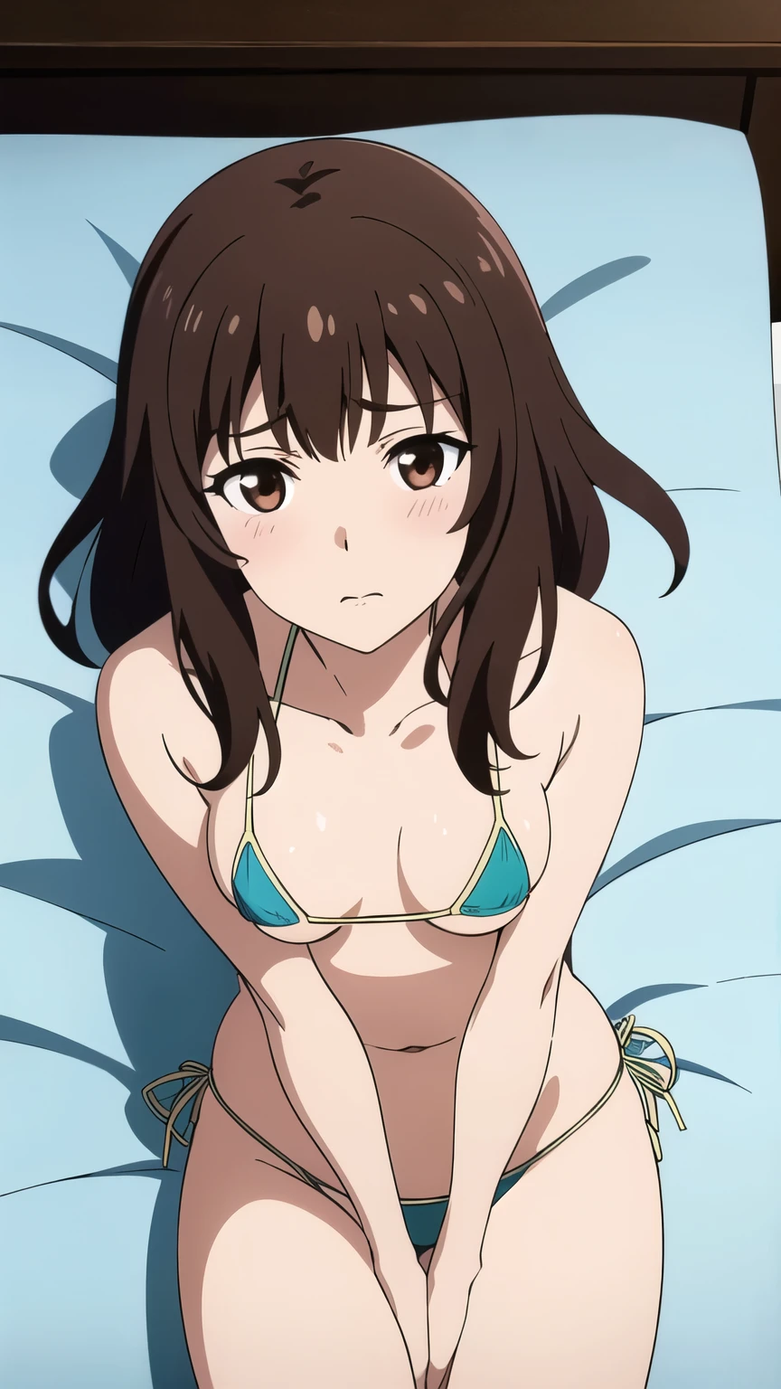 (A superb exquisite haruhi suzumiya), (haruhi suzumiya:1.5), brown eyes, brown hair, natural straight hair, hairband, ribbon, straight bangs, solo, nature, extremely delicate, straight facial features, peerless beautiful girl, soft, (sensual face), ((ecchi face)), dreamy quality, exaggerated facial features, solid color, frank holly, delicate face, bright lips, slender waist, soft curves, real light and shadow, super fine, 4k, natural moving, Ultra high resolution, (masterpiece:1.2, best quality), (finely detailed beautiful eyes: 1.2), (beautiful detailed face), sexy nude model, sexy pose, (large chest), (Perfect Body Proportions), (bedroom), Mekosuji, Spread your legs a little and show off your crotch,
