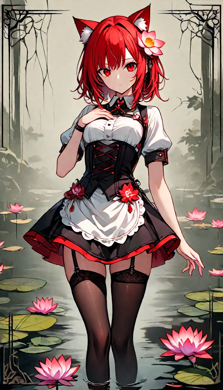  red hair , waitress,  4K, stockings,    red eyes  , , cat ears, Flower for hair, lotus,    High resolution  , One, masterpiece,    Best quality, standing, against the background of the swamp