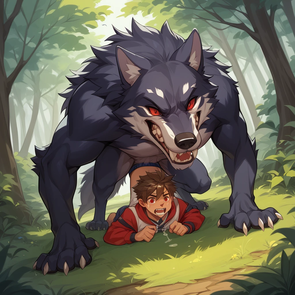 Furry、（A young boy is being raped by a ferocious wolf、rape、Dynamic、bestiality）YAOI、 large amount of semen、Intense 、 ahe face、Seeding、Black fur、Red eyes、tooth、Dark Forest