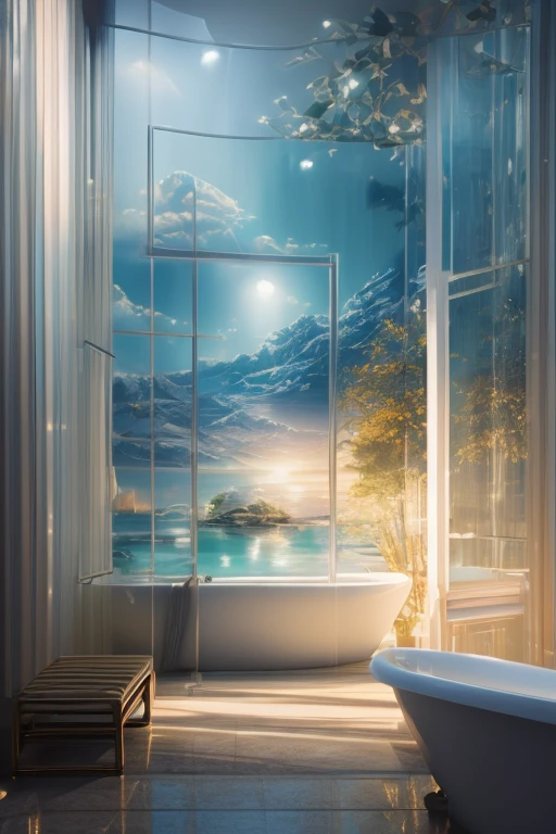 a dreamy bathroom, soft focus, cool lighting, muted pastel colors, glowing atmosphere, dramatic shadows, cinematic composition, dream-like quality, ethereal, romantic, soft focus photography, golden hour, midnight, windy, white marble, whimsical, hazy, ethereal, misty, hazy, (best quality,4k,8k,highres,masterpiece:1.2),ultra-detailed,(realistic,photorealistic,photo-realistic:1.37),HDR,UHD,studio lighting,ultra-fine painting,sharp focus,physically-based rendering,extreme detail description,professional,vivid colors,bokeh