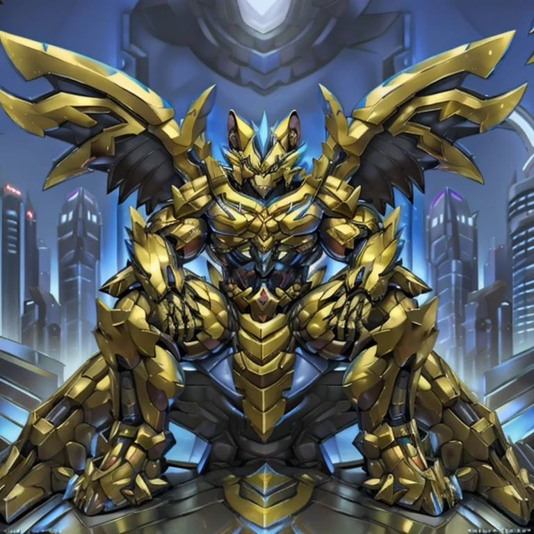 (ZERAORA, 8K), (Zeraora's giant robot, Powered exoskeleton with the same design as Zeraora), (Masterpiece, highres) (Detailed head, Detailed Body, Detailed abs, full body) (gigantic muscles, Gigachad Muscular, big muscle, pecs, triceps, traps, unusually developed muscular body, body full of huge muscles. showing off muscles, pectorales enormes, Exaggeratedly huge muscles.) (nj5furry, The claws are sharp, Sharp teeth, sharp claws), (long legs), (Spread wings, It has wings, have big wings, golden wings),(It has wings, whole body shines like metal, Wearing cyberpunk mecha, emphasizes the muscles, suit fully made of metal, intricate armor, Robotic suit, suit fully made of metal, cyborg), menacing pose, sitting on the throne, An arrogant expression. destroying city.